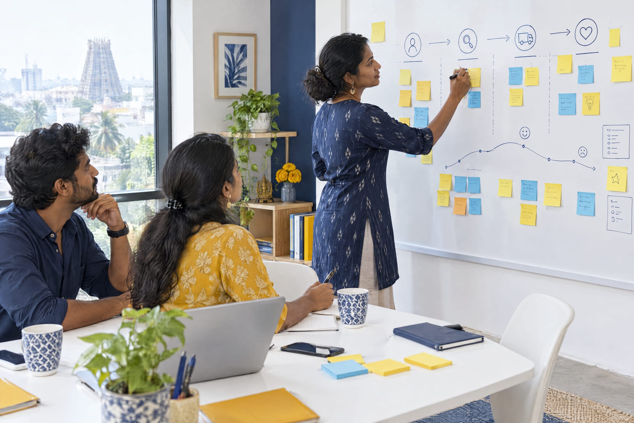 A Mirach strategist mapping a customer journey on a whiteboard